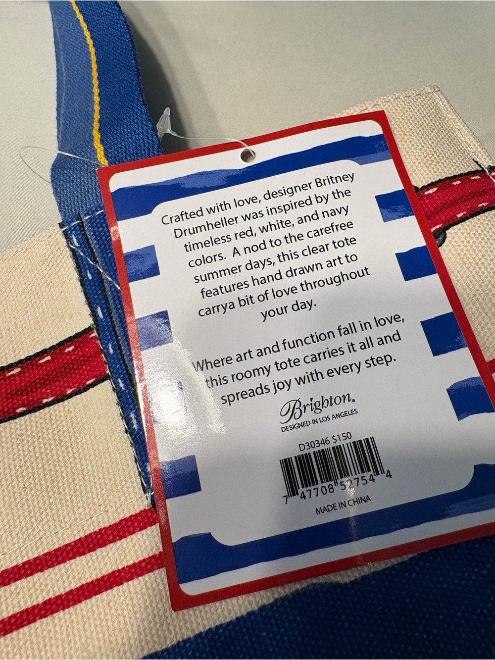 Brighton Blue & White Striped 'Love' Canvas Tote Bag with Red Accents - Picture 6 of 7